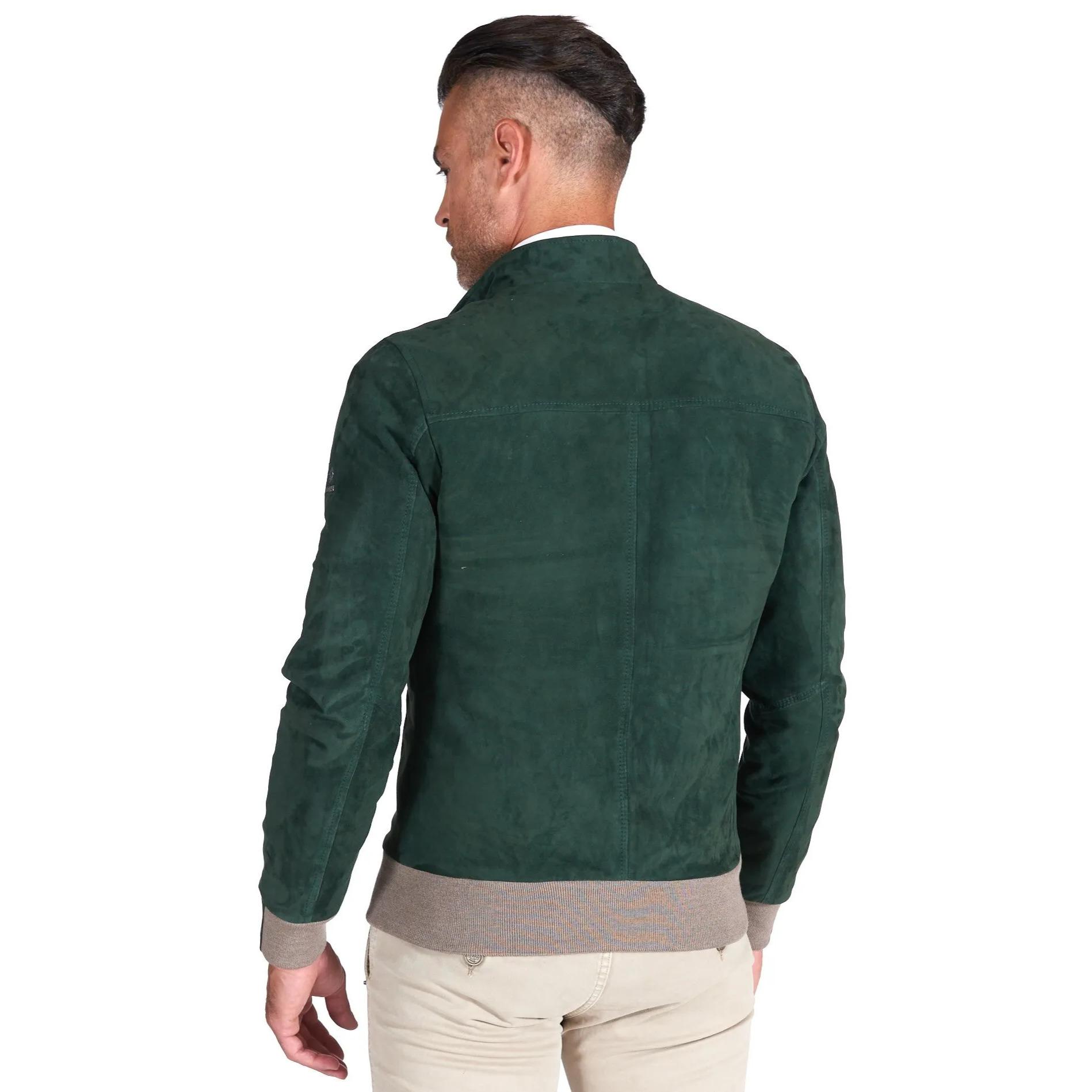 Giubbotto bomber in pelle scamosciata verde collo coreana