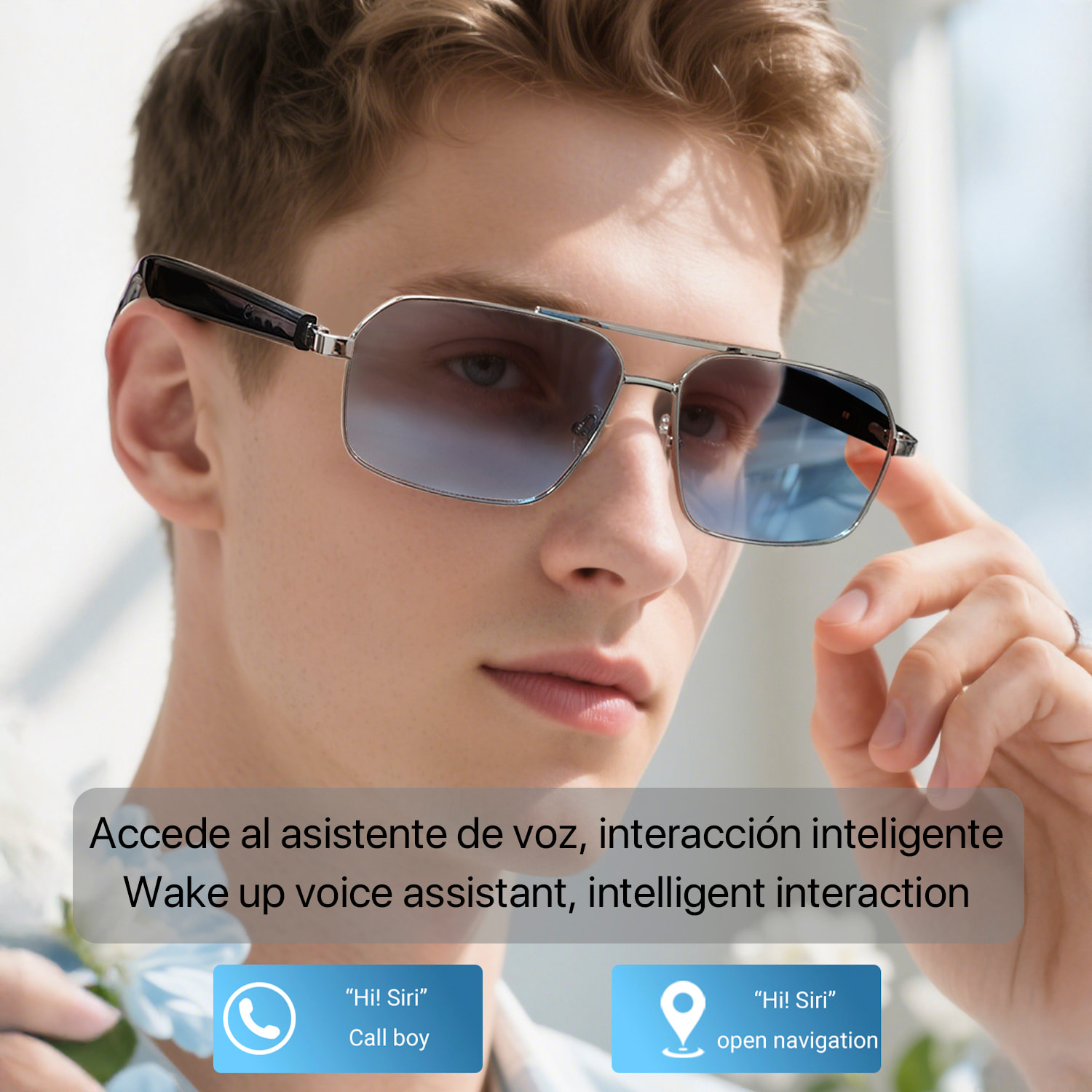 Gafas AI GT-31 con llamadas bluetooth, control remoto de cámara, reproducción de música y asistente de voz.