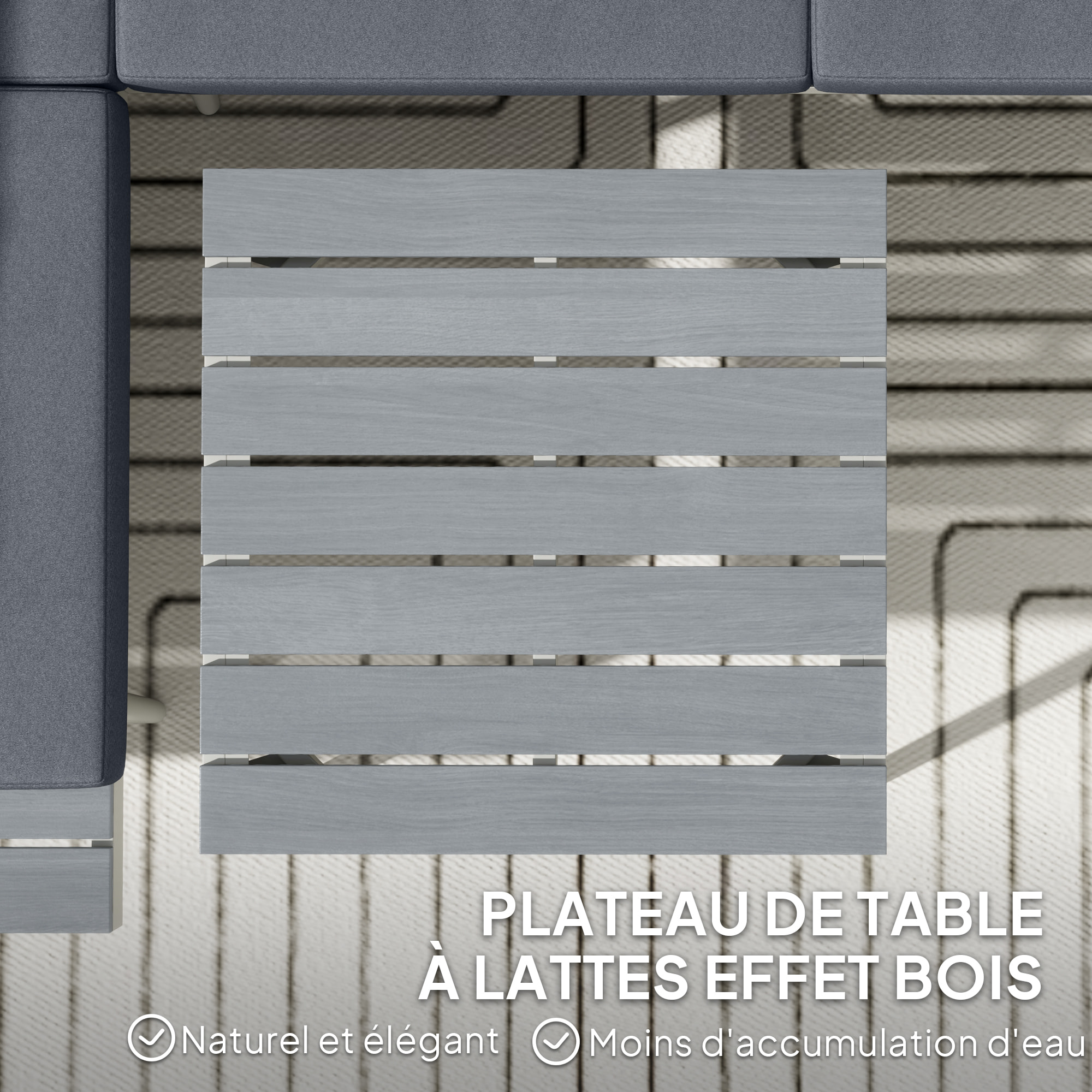 Ensemble salon de jardin modulable 4 personnes 3 pièces design métal crème coussins gris