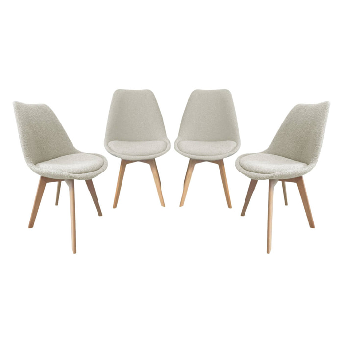 Lot de 4 chaises scandinaves revêtement bouclette texturée blanc. pieds bois de hêtre - Nils