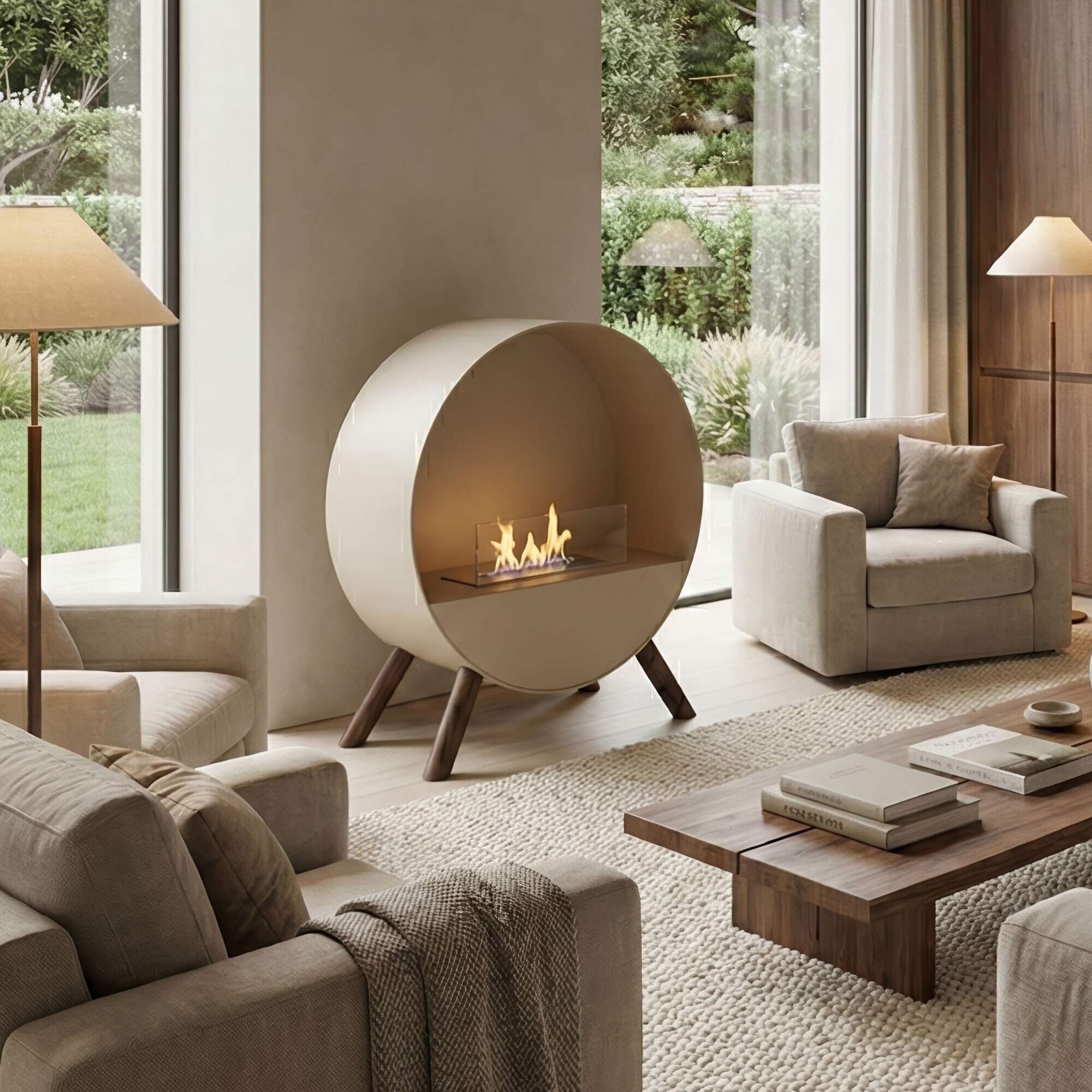 Venere - Camino a Bioetanolo da Pavimento 60x72x30 cm con Bruciatore 1 Litro e Piedi in Legno di Pino Tortora