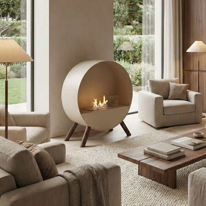 Venere - Camino a Bioetanolo da Pavimento 60x72x30 cm con Bruciatore 1 Litro e Piedi in Legno di Pino Tortora