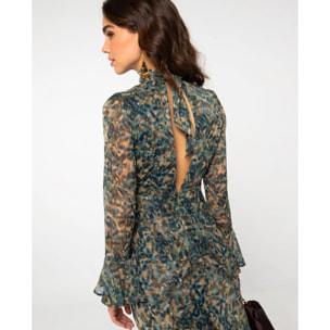 Vestido midi estampado con manga larga y escote en pico con lazada.