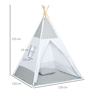 Tente teepee indien enfant style graphique - dim. 1,2L x 1,2I x 1,55H m - porte refermable, fenêtre, tapis, coussin, sac transport inclus - structure bois, toile polyester coton gris blanc