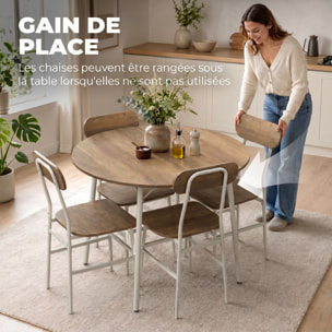 Ensemble table à manger ronde 4 chaises dia. 1 m métal blanc effet bois naturel