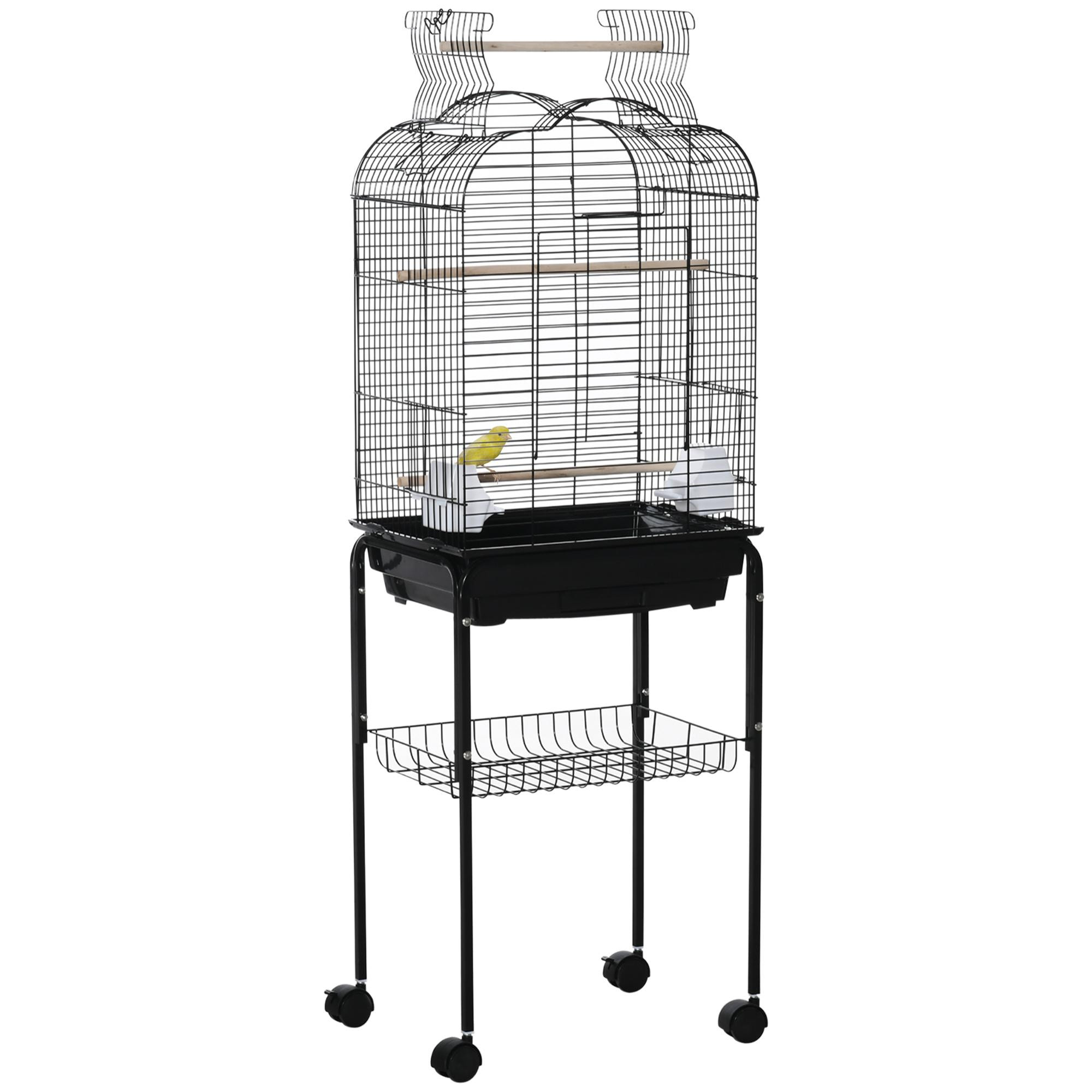 Jaula para Pájaros con Soporte Jaula de Aves Canarios con 4 Ruedas Techo Abrible 2 Comederos 3 Perchas Bandeja Extraíble y Estante Inferior 46x36x130 cm Negro