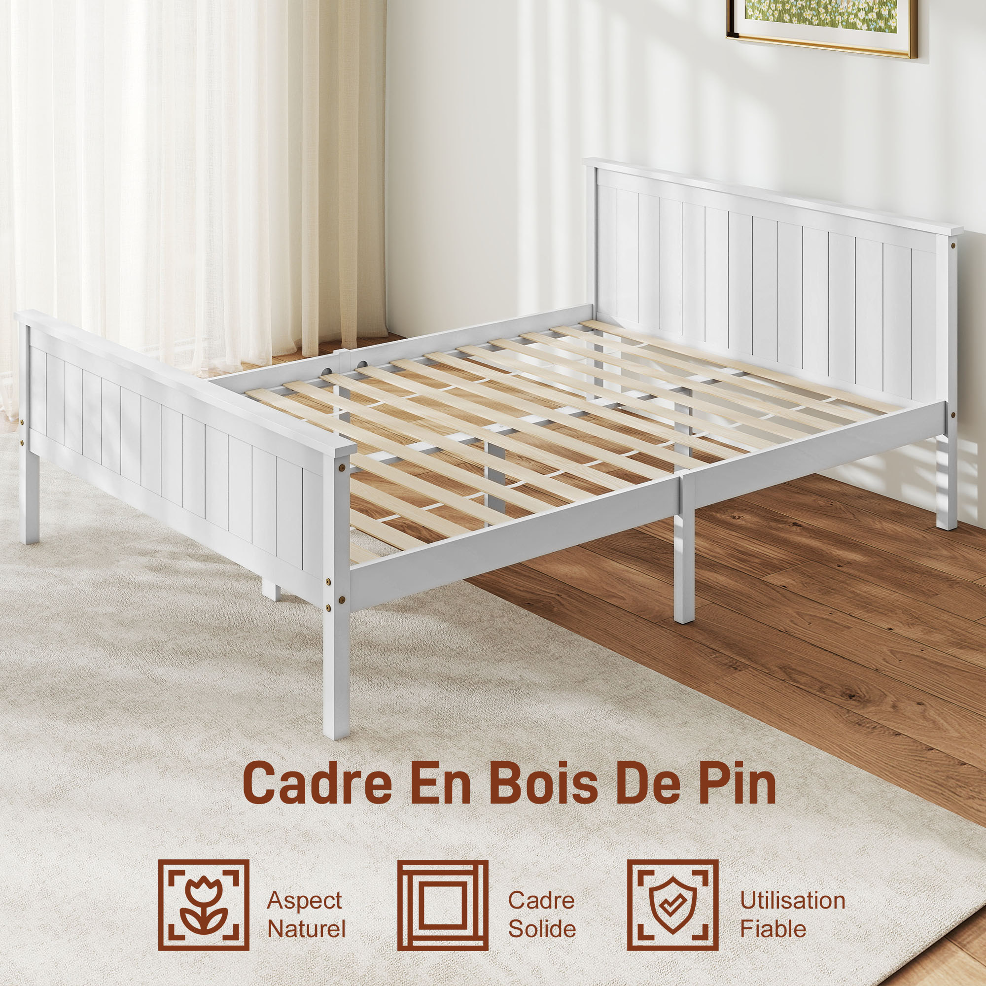 Lit double bois de pin blanc rainuré - tête de lit, pied de lit et sommier - 210L x 148l x 82H cm - compatible matelas 200L x 140l cm