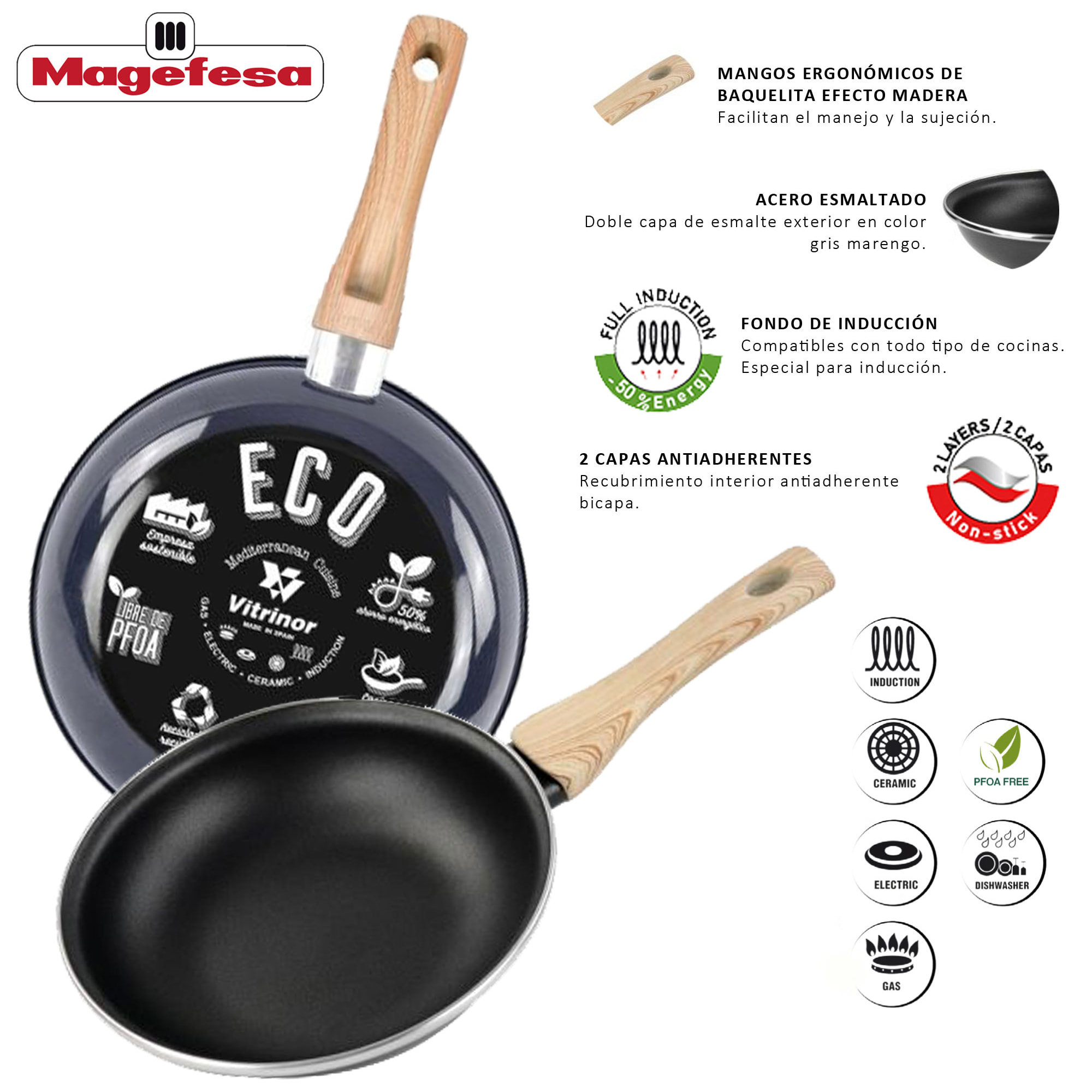 Magefesa colección V ECO COOKING Sartén 24 cm, en acero esmaltado vitrificado ECO, apto inducción y lavavajillas