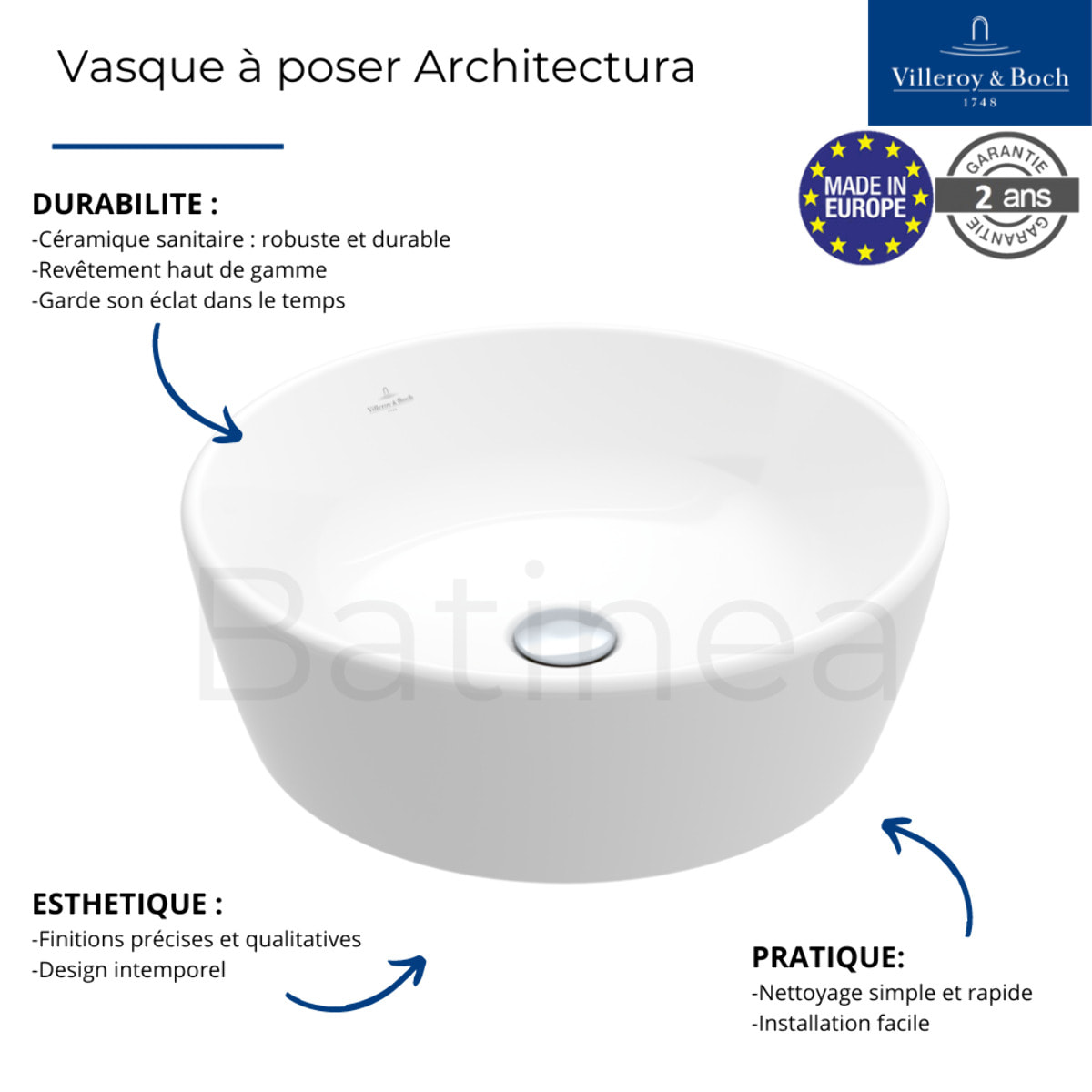 Vasque ronde à poser Architectura Blanc CeramicPlus 45 x 45 sans trop plein