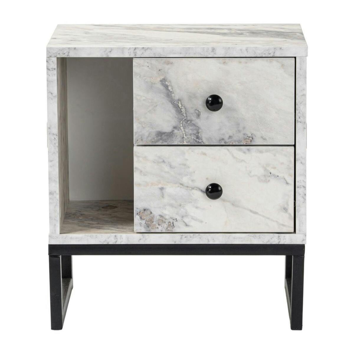 Table de nuit 2 tiroirs 1 niche, effet marbre blanc JENA