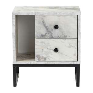 Table de nuit 2 tiroirs 1 niche, effet marbre blanc JENA