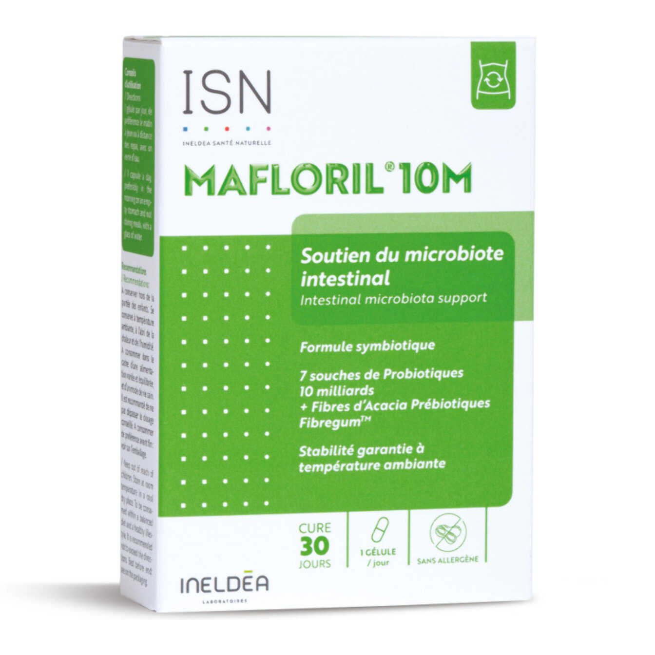 ISN - Mafloril 10M - Complément alimentaire à base de Probiotiques et Fibres d?Acacia Prébiotique - 7 souches probiotiques + fibres prébiotiques - Soutien du microbiote intestinal - Cure 30 jours