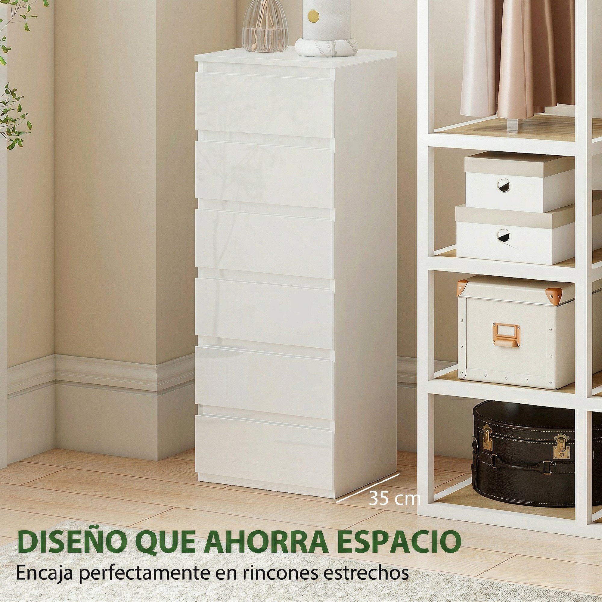 Cómoda 6 Cajones, Cómoda Dormitorio Estrecha de Blanco Brillo, Sinfonier, Ahorro Espacio, Cajonera para Sala de Estar, Comedor, Entrada, 40x35x109 cm