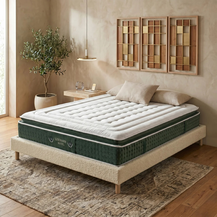 Ensemble matelas Jade & sommier Cancun | Mémoire de forme et ressorts ensachés | Cadre à lattes | Bouclette | Sable