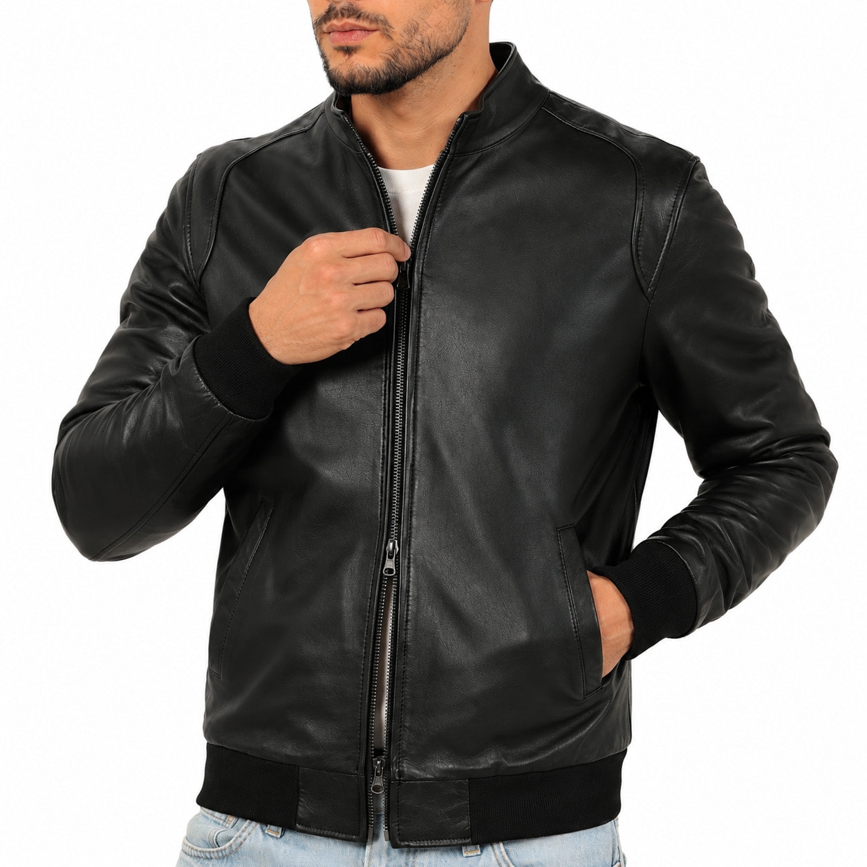 Giubbino in vera pelle di vitello foderato con trapunta invernale Nero-Slim Fit