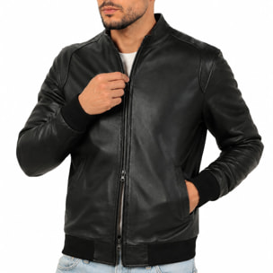Giubbino in vera pelle di vitello foderato con trapunta invernale Nero-Slim Fit