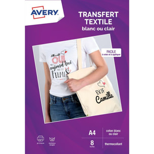 Papier créatif AVERY 8 Transferts T-shirt blancs/clairs A4