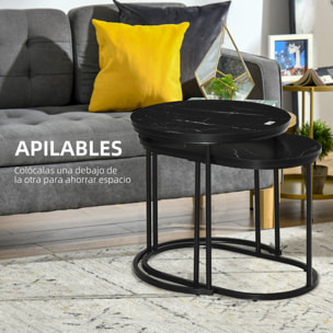 Juego de 2 Mesas de Centro, Mesa Nido Moderna, Mesitas Auxiliares, Tablero con Efecto Mármol, Marco de Acero, para Salón, Dormitorio, Negro
