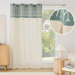 Rideau tamisant à œillets en polycoton jacquard avec pompons - Vert