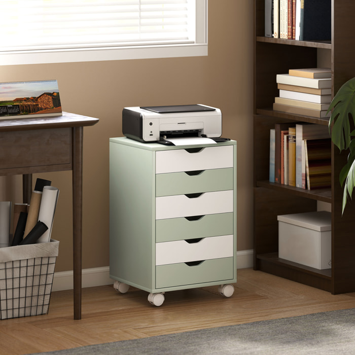 Cajonera Escritorio, Archivador Móvil con 6 Cajones, Soporte para Impresora con Ruedas, Guías Deslizantes Silenciosas, para Oficina, Casa, Verde y Blanco