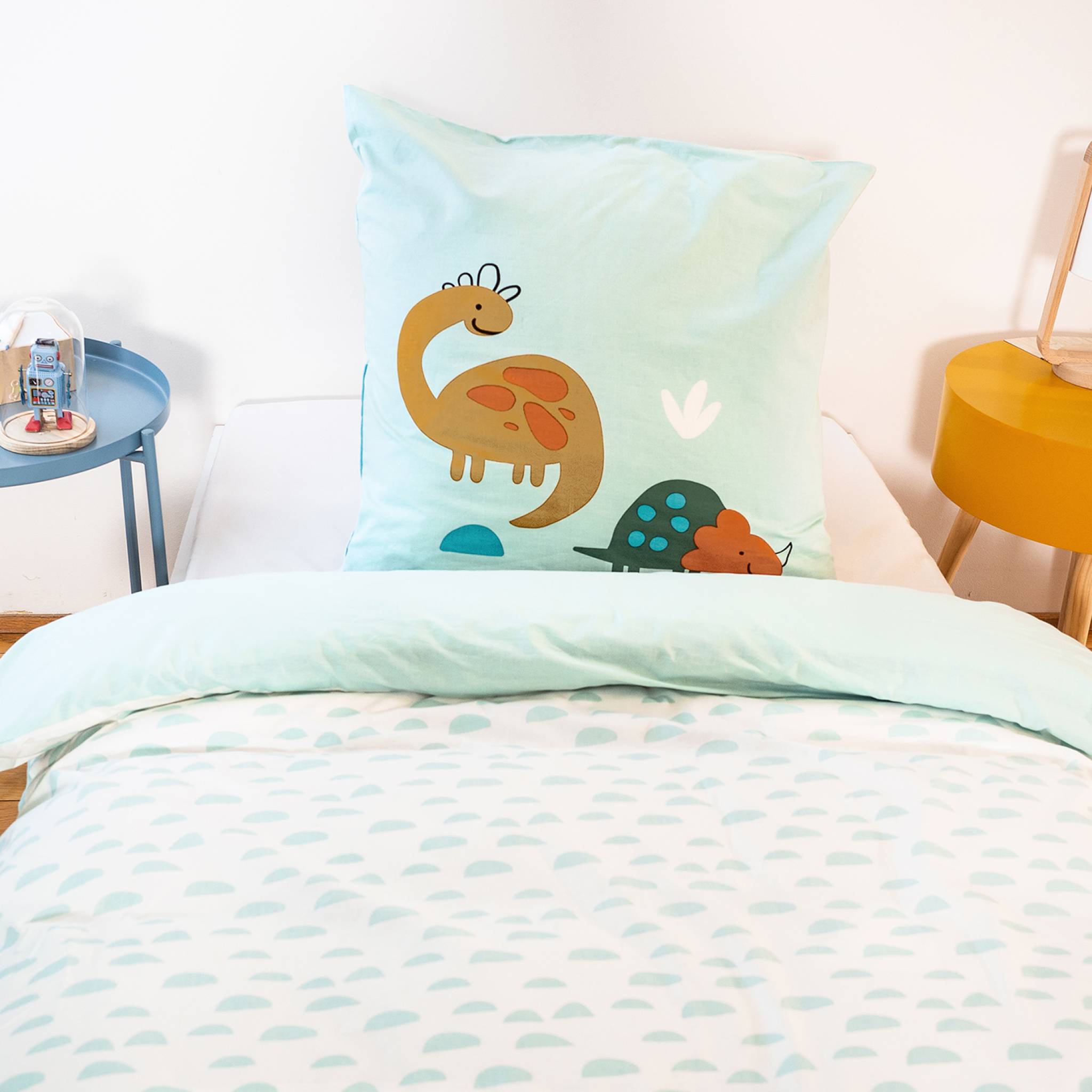 Parure de lit coton réversible vert d'eau imprimé dinosaures 1 place 140 x 200cm - Dino