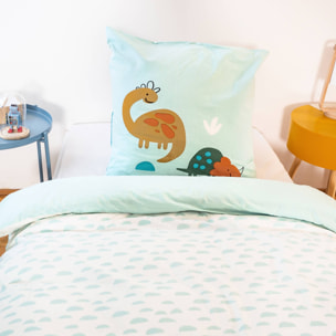 Parure de lit coton réversible vert d'eau imprimé dinosaures 1 place 140 x 200cm - Dino