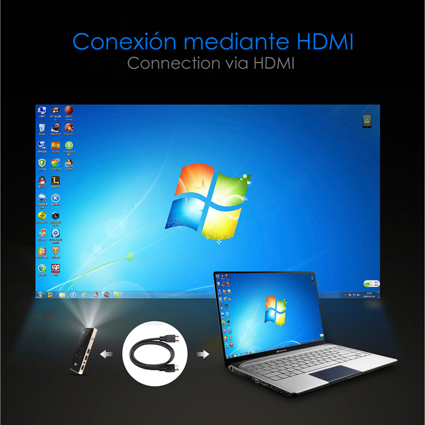 DAM Mini video proyector LED portátil P09, DLP. Android 9.0, WiFi, panel táctil. Batería recargable. Duplicación pantalla. Netflix, Youtube, etc. 14,5x8x1,8 Cm. Color: Negro