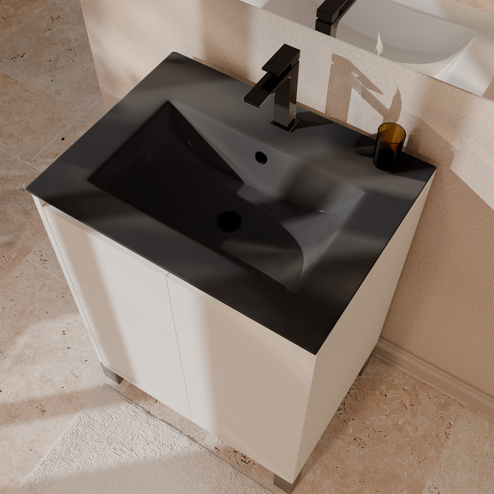 Meuble de Salle de Bains 50 cm Blanc 2 Portes et Vasque Céramique Noire - XENOS