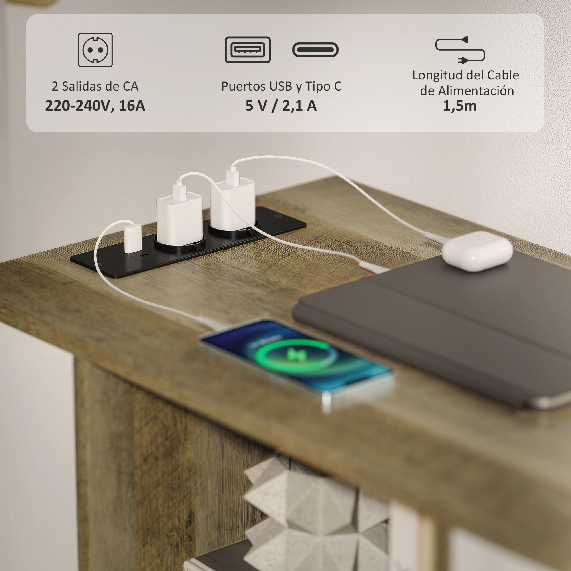 Cajonera de Oficina con Ruedas Mueble Archivador con 3 Cajones Cajonera para Escritorio con Estación de Carga Cerradura y Estantes 100x40x65,5 cm Marrón Grisáceo