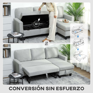 Sofá Cama Chaise Longue de 3 Plazas, Chaise Longue Reversible Ambos Lados con Almacenaje, Sofá Cama Esquinero Desplegable con Fundas de Cojines Removibles, Tapizado en Lino, para Salón, Gris