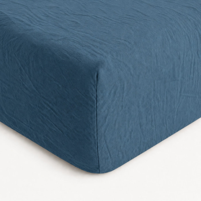 Drap housse microfibre lavee - bonnet 28cm bleu nuit