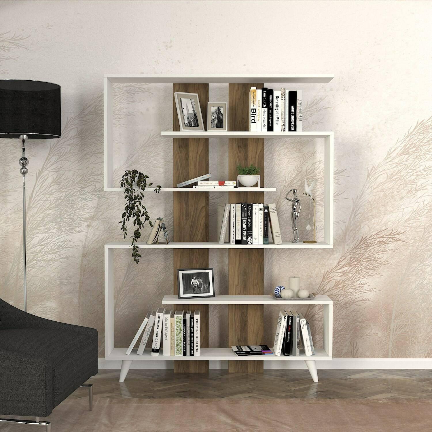 Libreria Dmandell, Scaffale da ufficio, Mobile portalibri, Biblioteca, 120x20h162 cm, Bianco e Noce