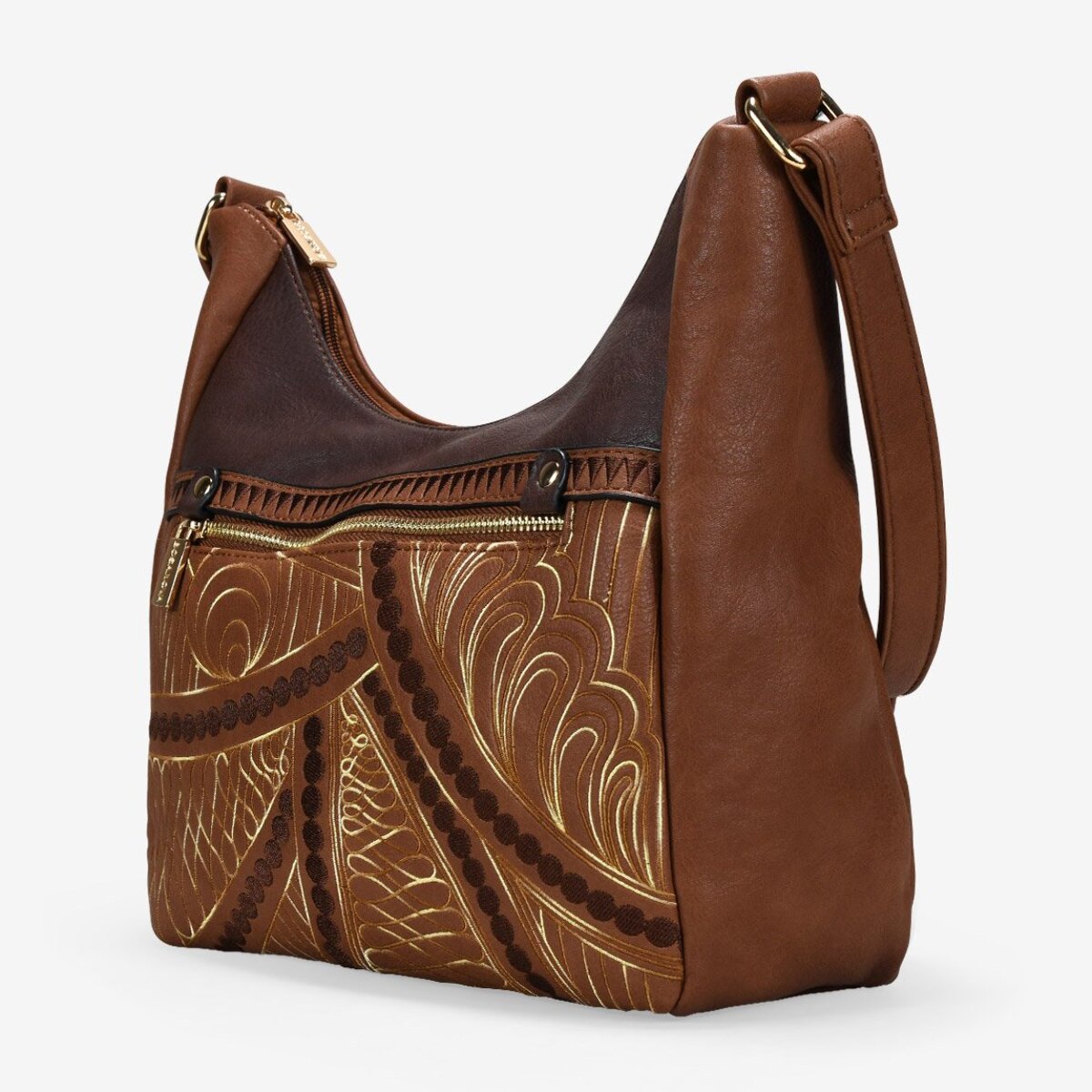 Bolso bandolera marrón con cosidos y cremallera