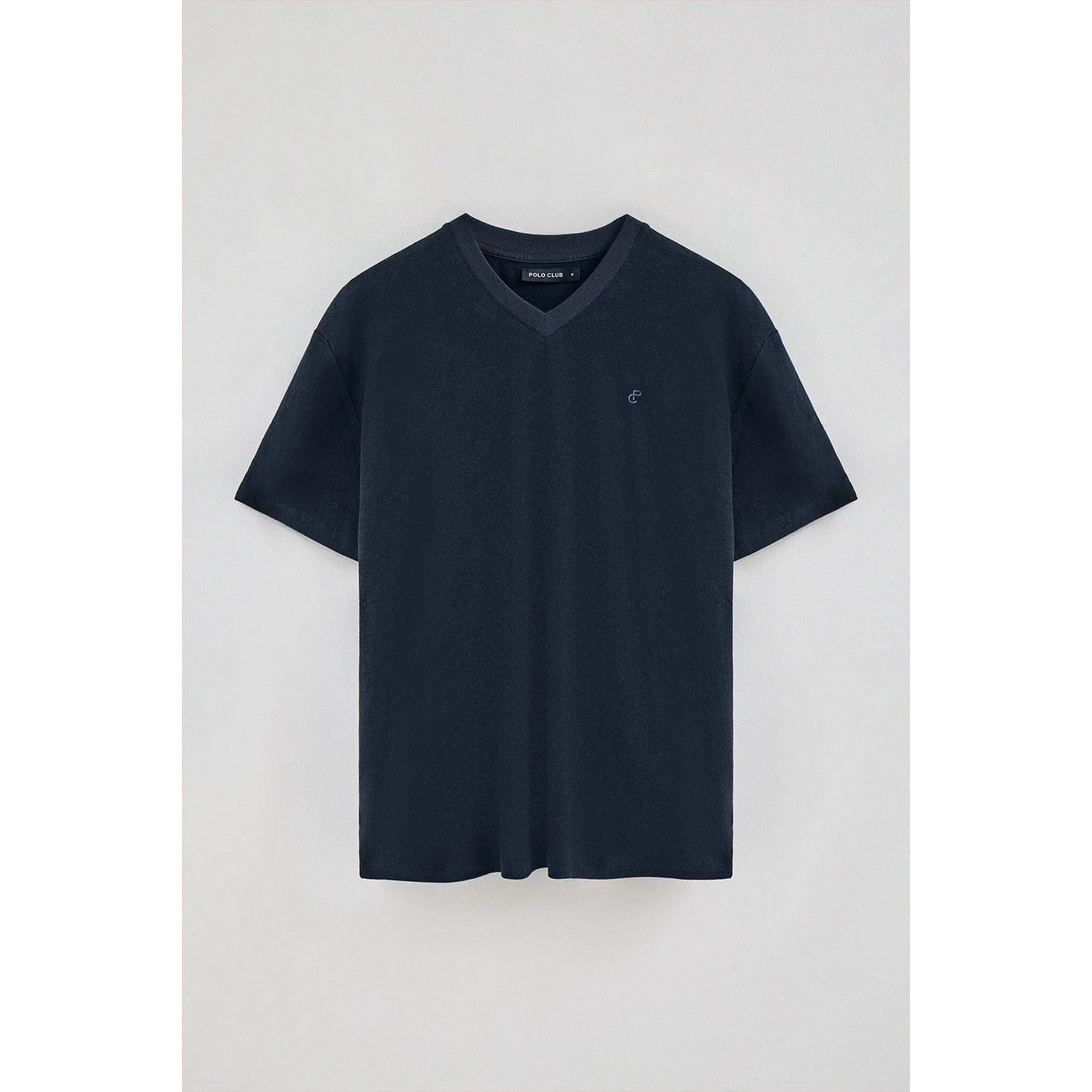 Camiseta azul marino en lino y algodón de cuello en pico y monograma bordado