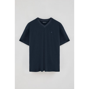 Camiseta azul marino en lino y algodón de cuello en pico y monograma bordado