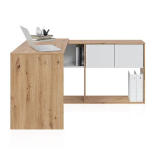 Mesa de escritorio con estantería Dess Blanco Artik (Blanco Mate) - Roble Nodi