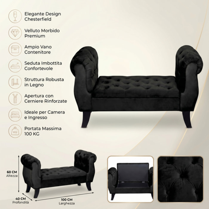 Divanetto Contenitore Imbottito in Effetto Velluto con Vano Contenitore Integrato, Seduta Elegante dallo Stile Classico per Camera da Letto, Ingresso e Soggiorno