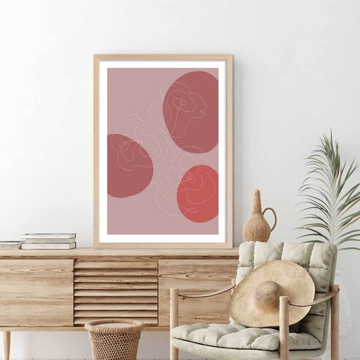 Affiche Line art et courbe rose Affiche + cadre en bois - Chêne