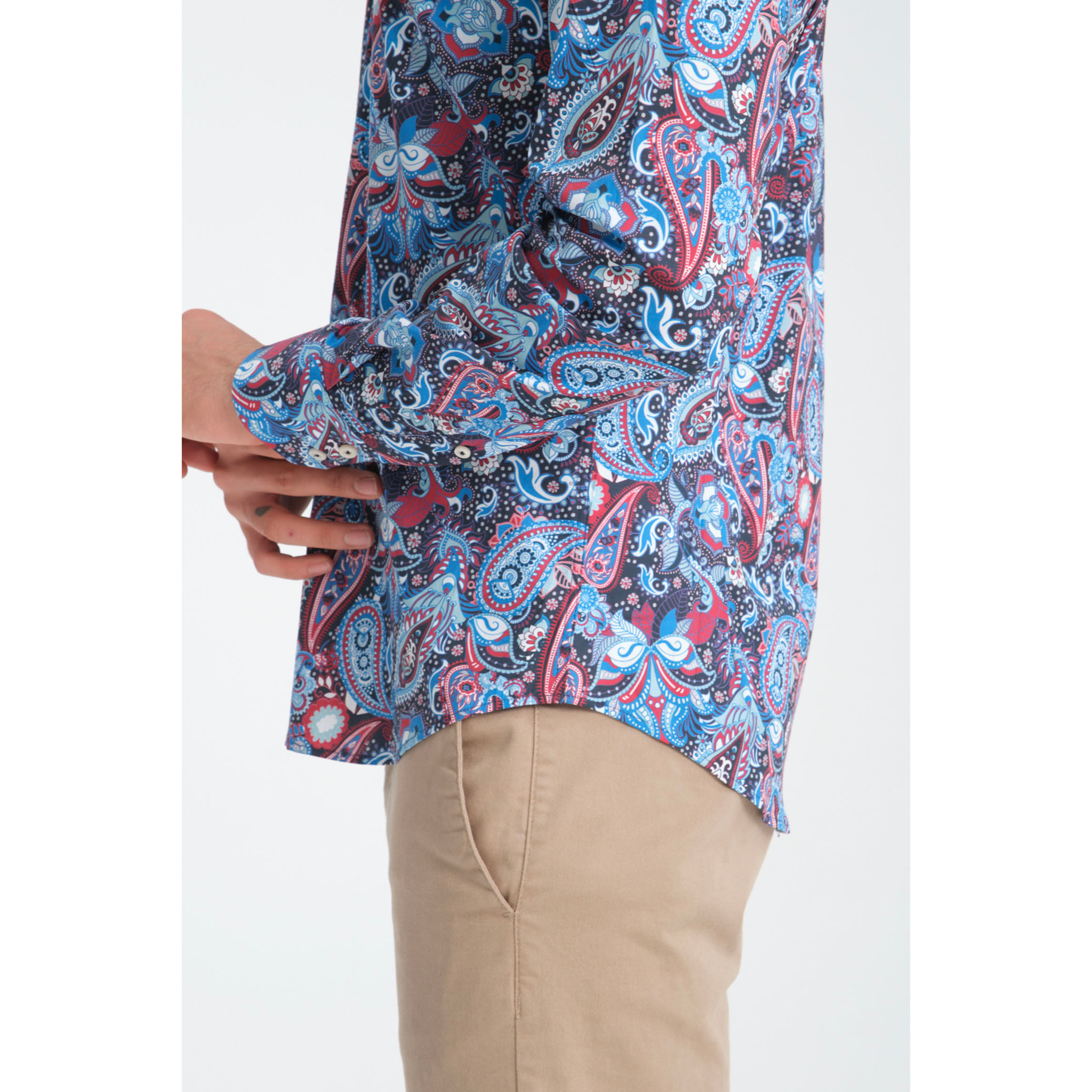 Camicia Uomo 2 Bottoni Button Down Triplo Collo Slim Popeline Stretch Stampato Bluette e Rosso