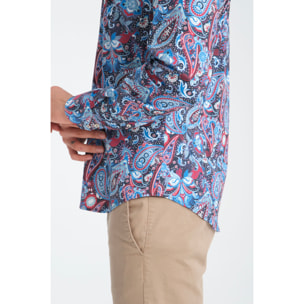 Camicia Uomo 2 Bottoni Button Down Triplo Collo Slim Popeline Stretch Stampato Bluette e Rosso