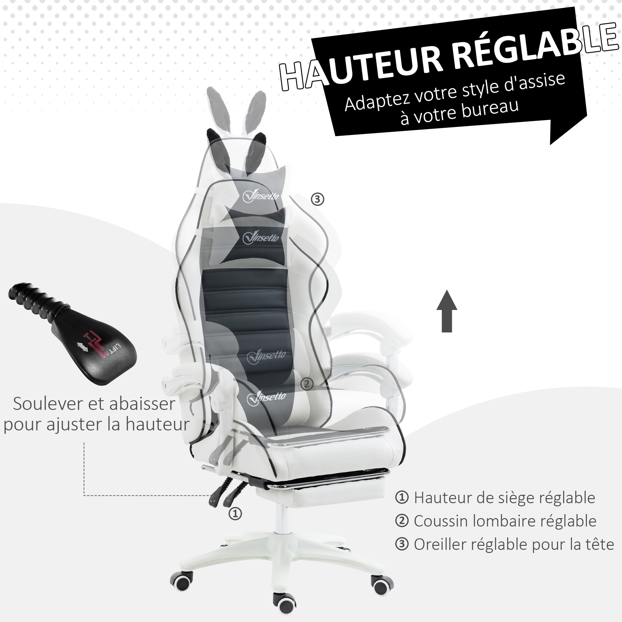 Chaise gaming fauteuil gamer inclinable réglable repose-pied rétractable oreilles de lapin amovibles noir blanc
