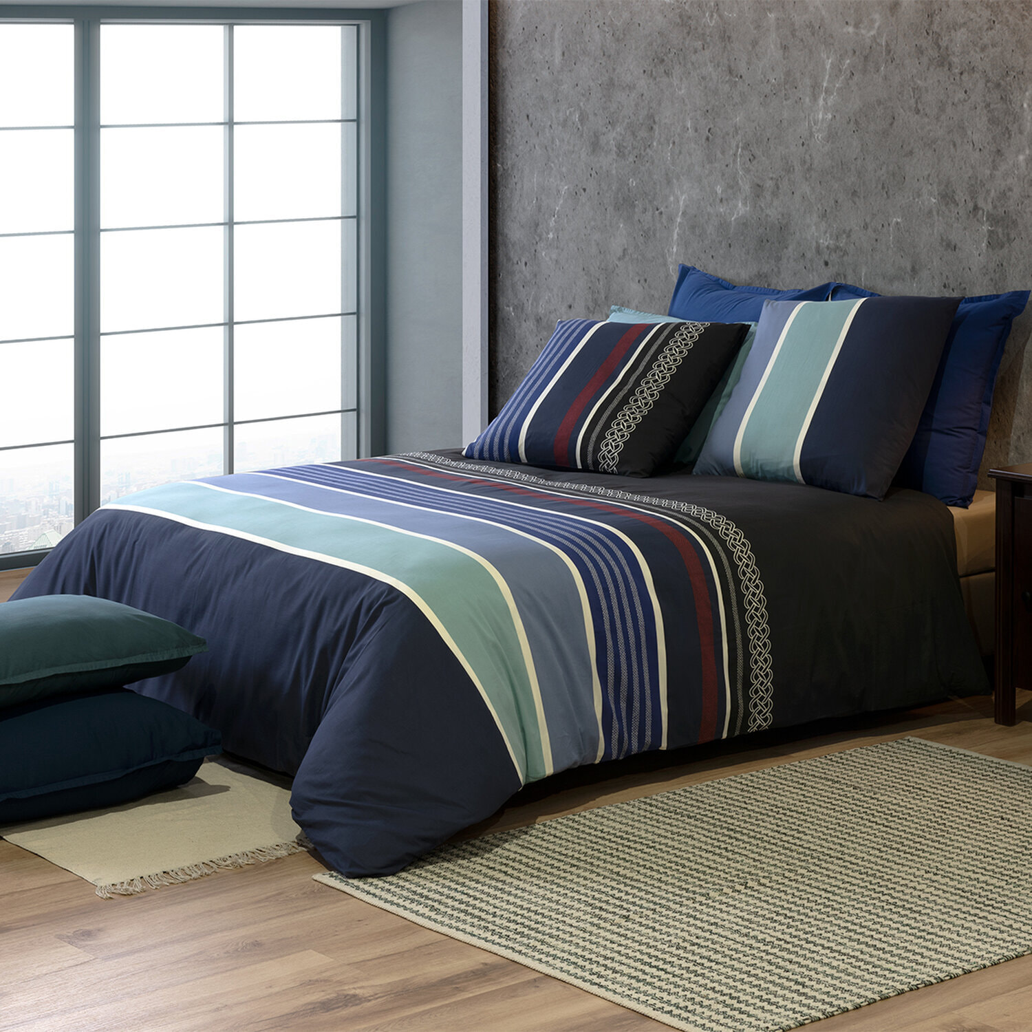 Parure percale de coton avec housse de couette imprimé + taies - azul - bleu
