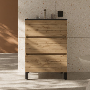 Pack Meuble Salle de Bains 50cm Chêne Naturel 3 Tiroirs avec Vasque Céramique Noire - TIMBER