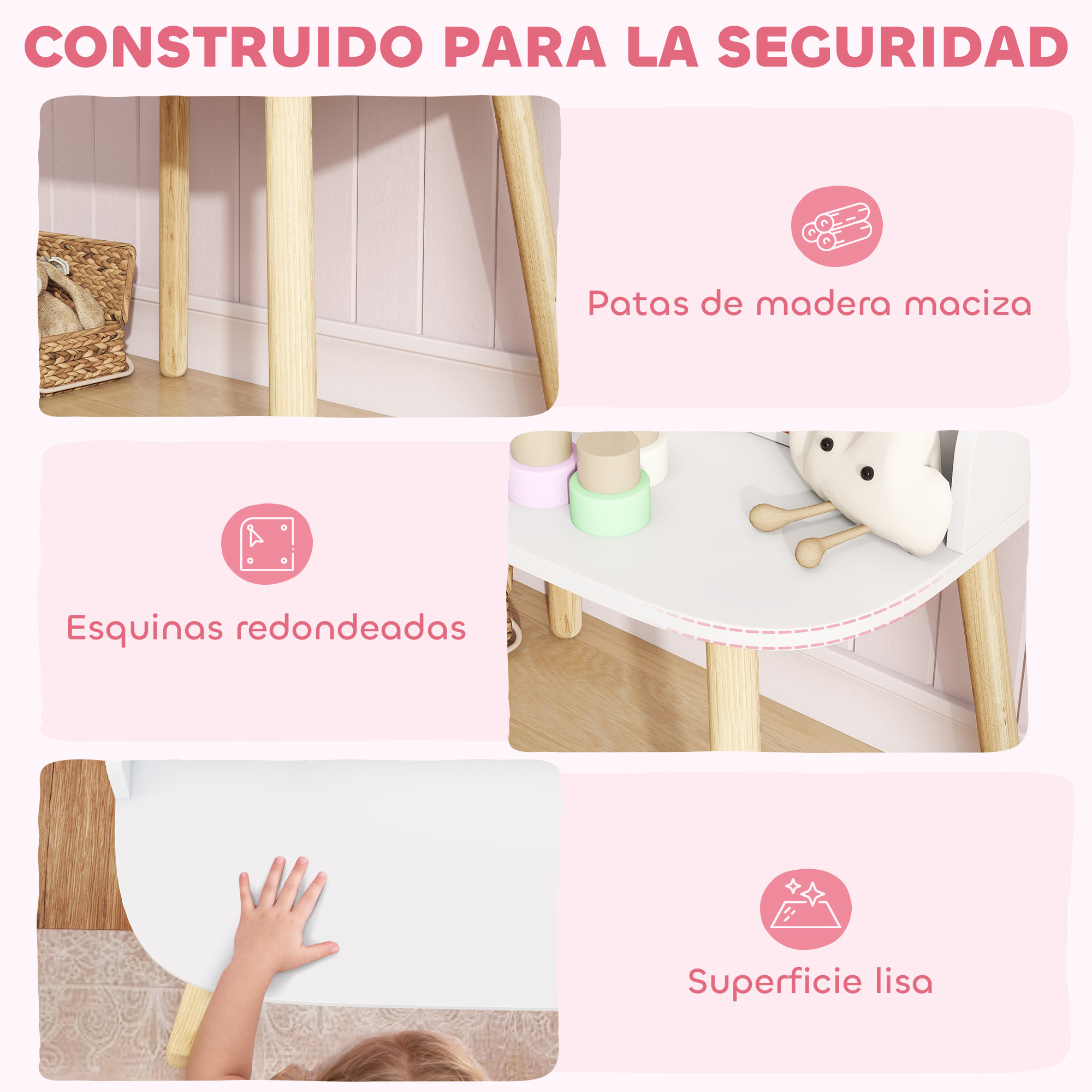 Tocador de Maquillaje Niña, Tocador Infantil con Taburete y Espejo, 2 Cajones y Barras Colgantes, para Niños de 3 a 8 Años, Blanco