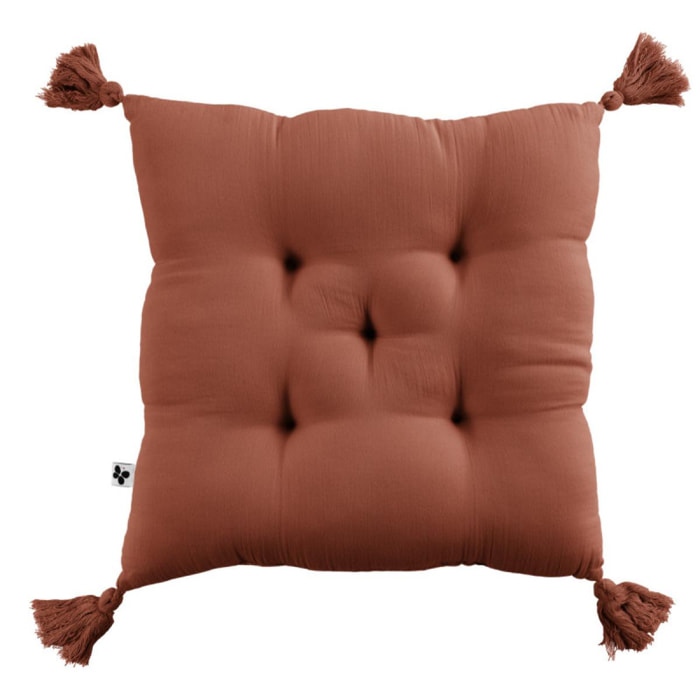 Coussin capitonné 5 points avec pompons ''Gaïa'' 40 x 40 cm ''Gaze de Coton'' - Couleur: Gaïa Terracotta