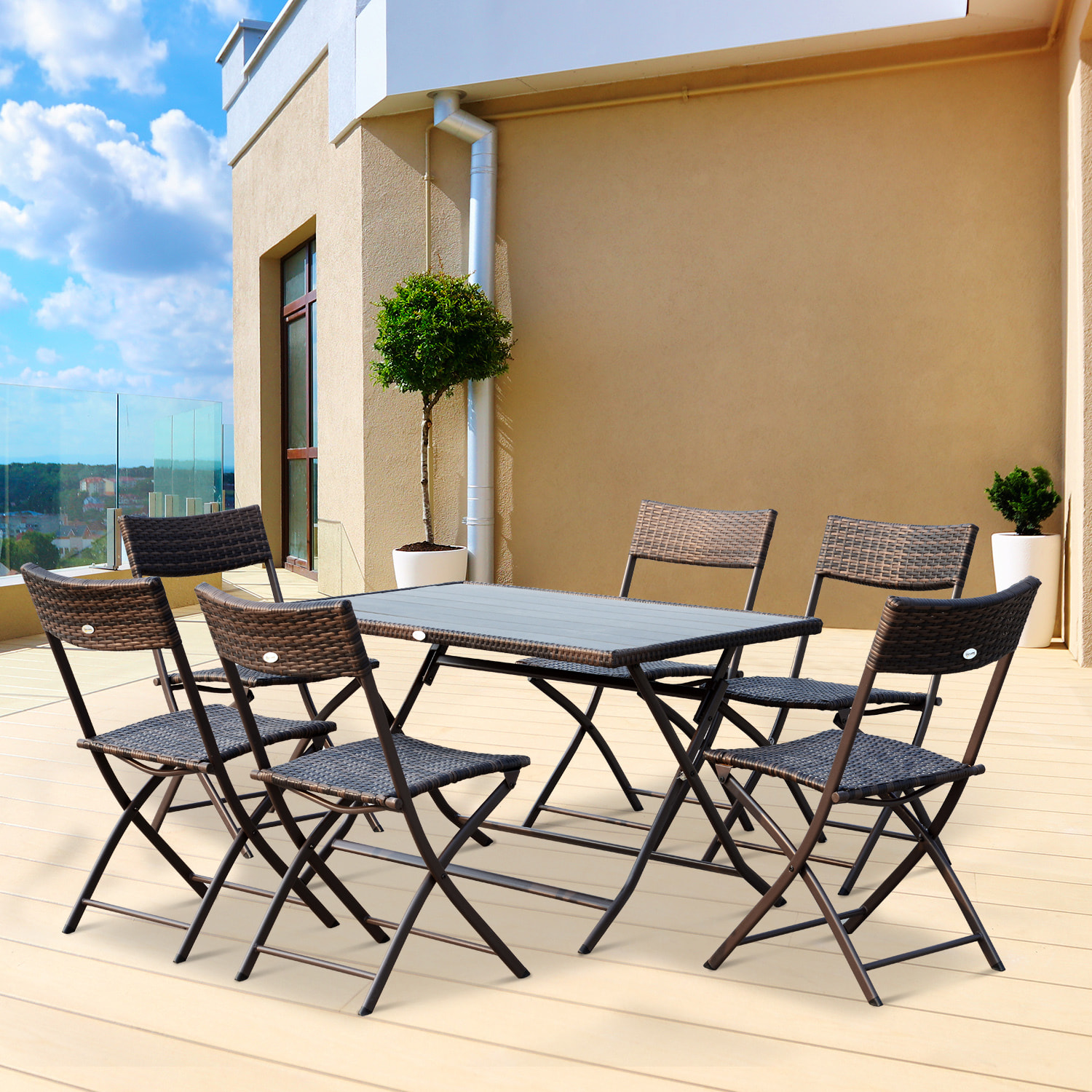 Ensemble salon de jardin 6 personnes grande table rectangulaire pliable + 6 chaises pliantes métal résine tressée PS chocolat