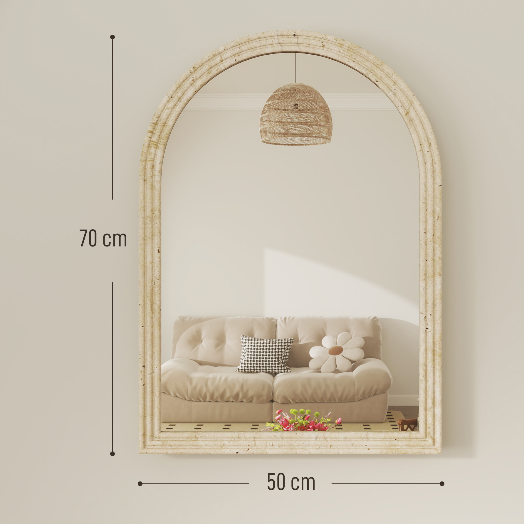 Espejo de Pared Arqueado, Espejo de Baño 60x90 cm con Marco de Imitación de Piedra de 3 Niveles, Estilo Moderno, para Salón, Dormitorio, Entrada y Pasillo, Beige