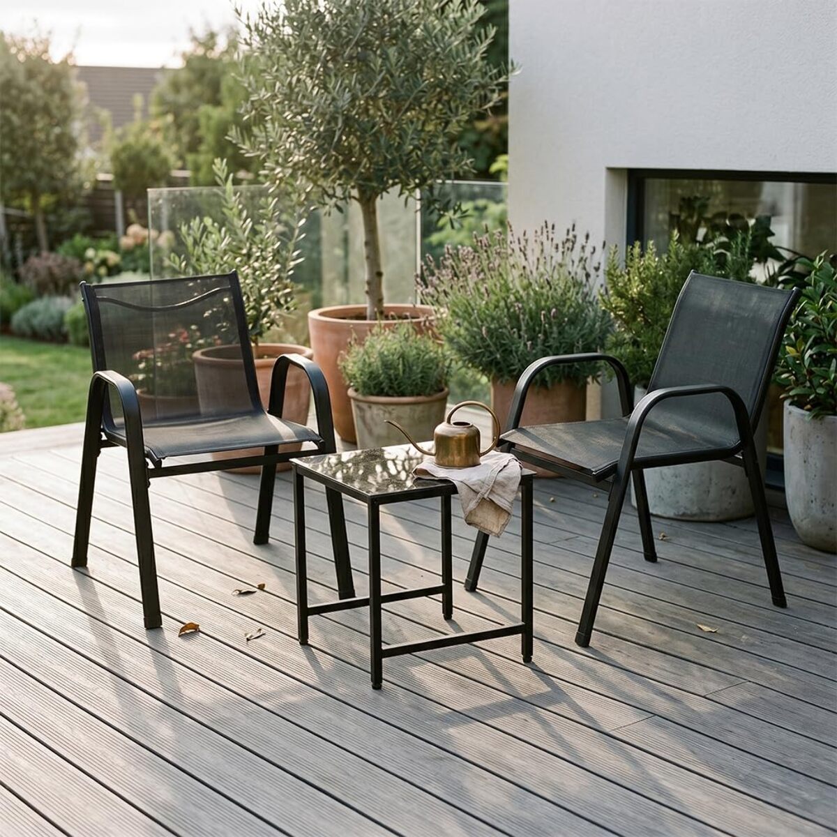 Salotto da giardino in ferro zincato con 2 sedie e tavolino con vetro temperato, set outdoor resistente verniciato a polvere, ideale per balcone terrazzo e giardino, design compatto e moderno, facile da pulire e durevole per esterno