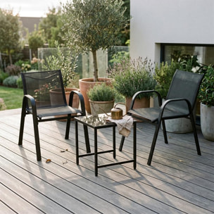 Salotto da giardino in ferro zincato con 2 sedie e tavolino con vetro temperato, set outdoor resistente verniciato a polvere, ideale per balcone terrazzo e giardino, design compatto e moderno, facile da pulire e durevole per esterno