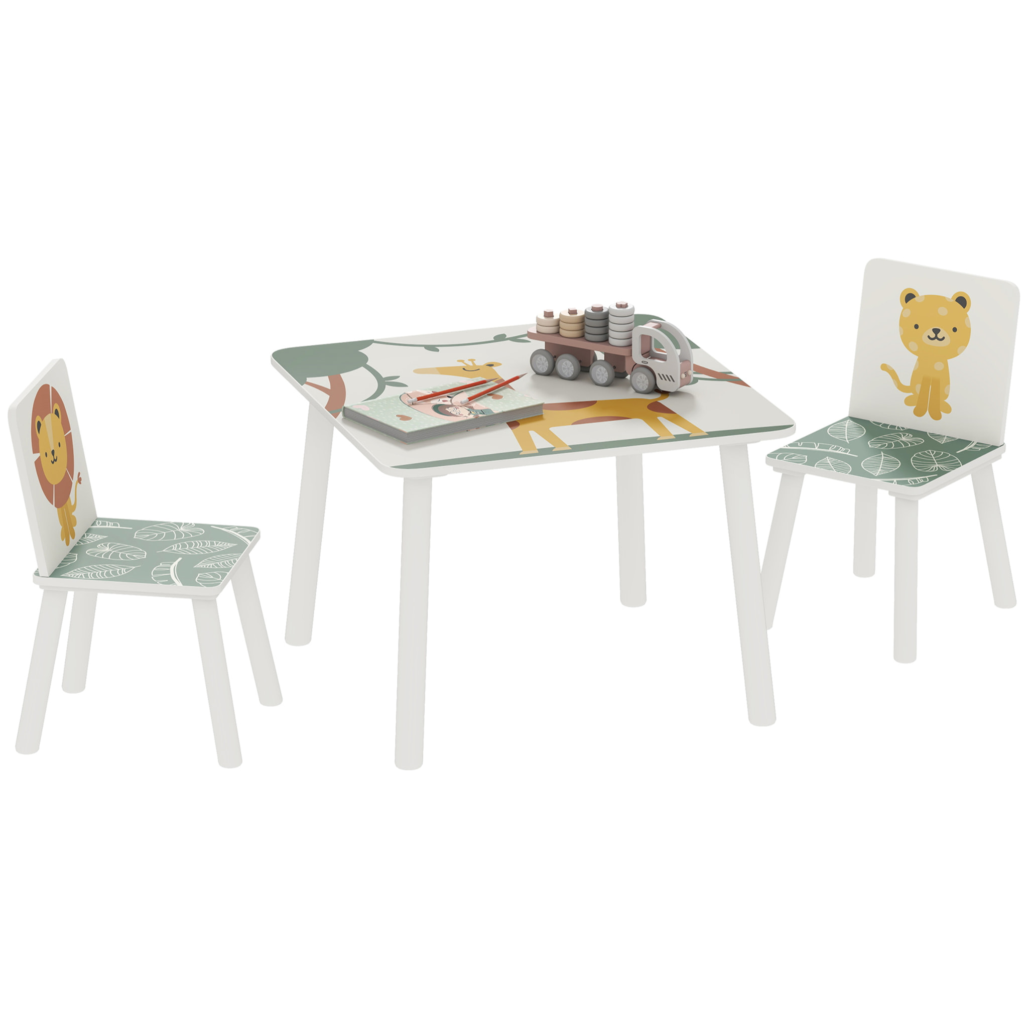 Mesa y Sillas Infantiles de 3 Piezas, Mesa Infantil con 2 Sillas de Madera de Pino, Juego de Muebles con Dibujos de Leones para niños de +3 Años, para Dormitorio, Sala de Juegos, Verde